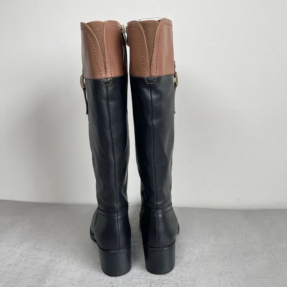 Franco Sarto Women's Black Brown Leather Tall‎ Riding Boots 7.5 Wide Calf